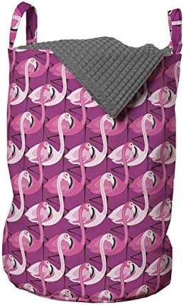 Чанта за дрехи Ambesonne Animals, Екзотична Тема, Вълнообразни Тропически Фигура Фламинго, Истинско Изкуство, Кошница за дрехи с дръжки, Закрывающаяся на шнур, за пране, 13 x 1