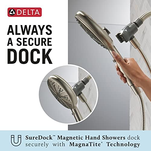 Магнитен Накрайник за душ Delta -Faucet 6-Spray SureDock с Ръчен пистолет, Дюза за душата от Полиран никел с Маркуч, Накрайник за душ