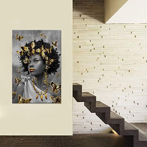iHAPPYWALL Голяма Афроамериканская Златна Стенни живопис Черна Красива Дама с Пеперуда Абстрактно Произведение на Изкуството, за Стая