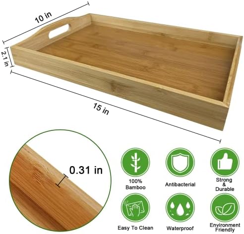 Сервировочный тава AMONE с дръжки, Бамбук дървен поднос Отлично подходящ за масата за хранене тави, употребявани, чай тави, употребявани,